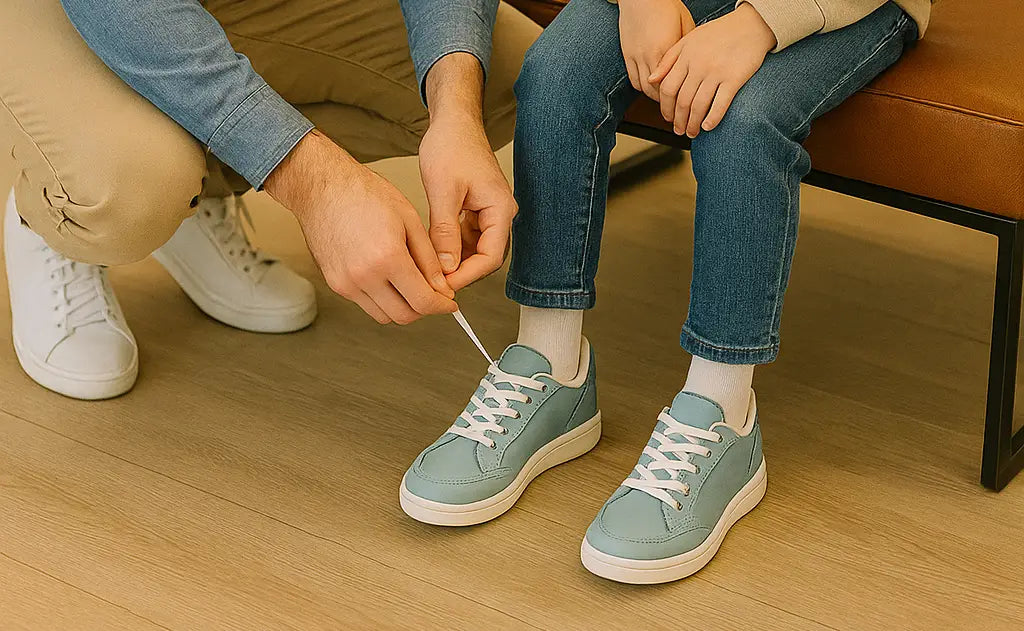 Een kind dat schoenen past