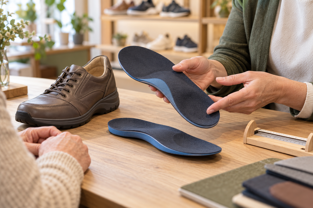 Sfeerbeeld van persoonlijk schoen- en zooladvies met een steunzool en een comfortabele veterschoen