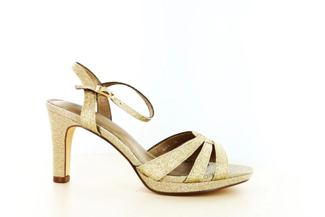 La Strada 2501282 gouden dames sandalen met glitter, sierlijke bandjes, verstelbaar enkelbandje en hoge hak