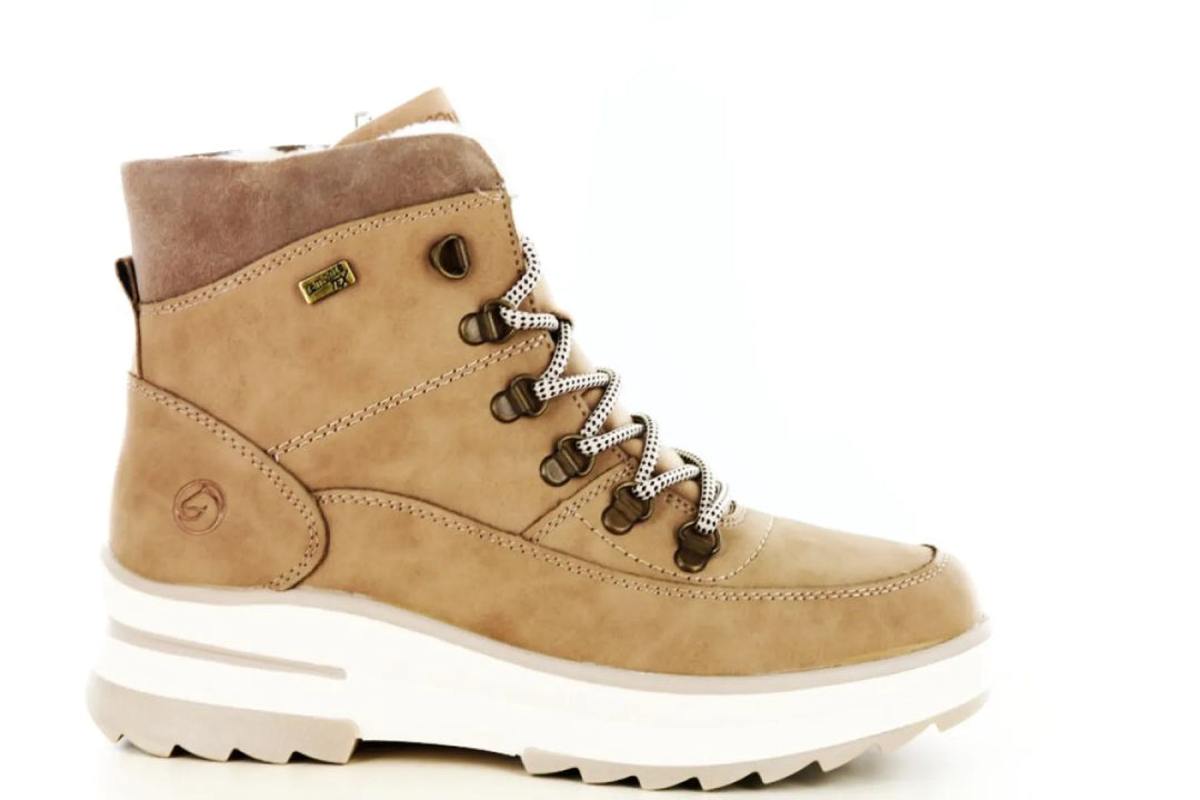 Remonte D2B74 taupe-camel nubuck veterboots voor dames met binnenrits, vetersluiting en lichte profielzool