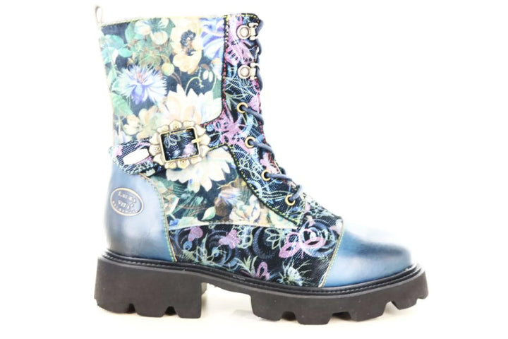 Laura Vita Kouleo 15 Blue leren veterboot voor dames met blauwe details, kleurrijk bloemendessin, gesp, zwarte profielzool, rits en veters.