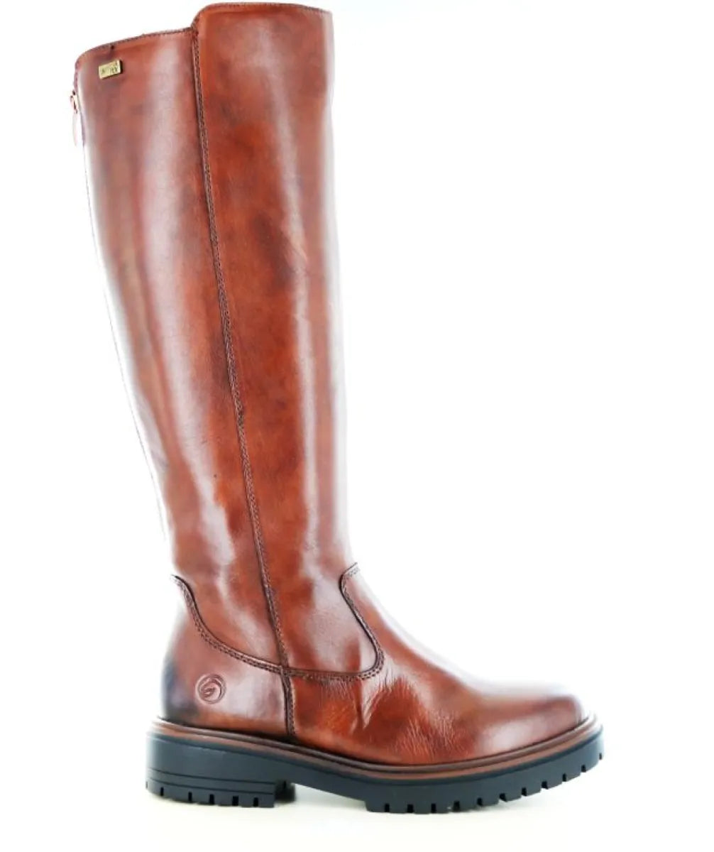 Remonte D4B71 cognac leren dameslaarzen met hoge schacht, zijrits en lage blokhak, wijdte G 1/2