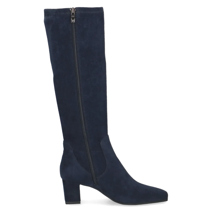 Caprice 9/25547-41 dames lange laars in blauw stretchmateriaal met ritssluiting, blokhak van 5,5 cm en meerekkende schacht voor de kuit.