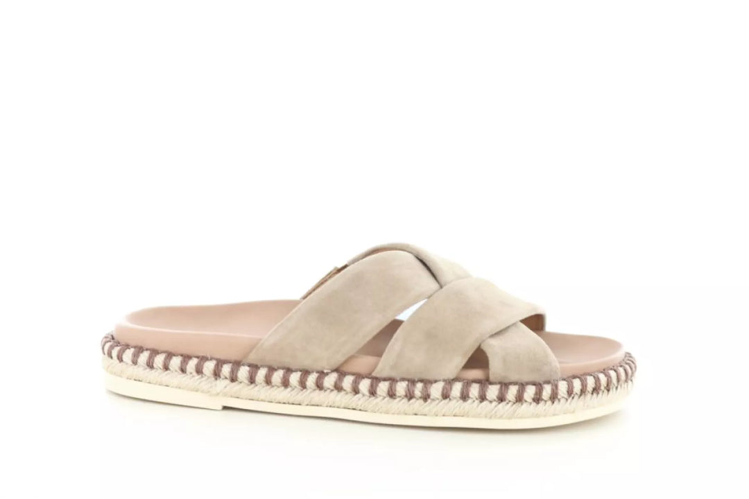 Gabor 83.780 dames slipper van suède in beige Peanut met gekruiste banden, leren voetbed en espadrille-look zool